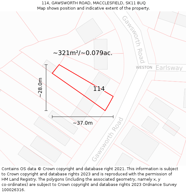 114, GAWSWORTH ROAD, MACCLESFIELD, SK11 8UQ: Plot and title map