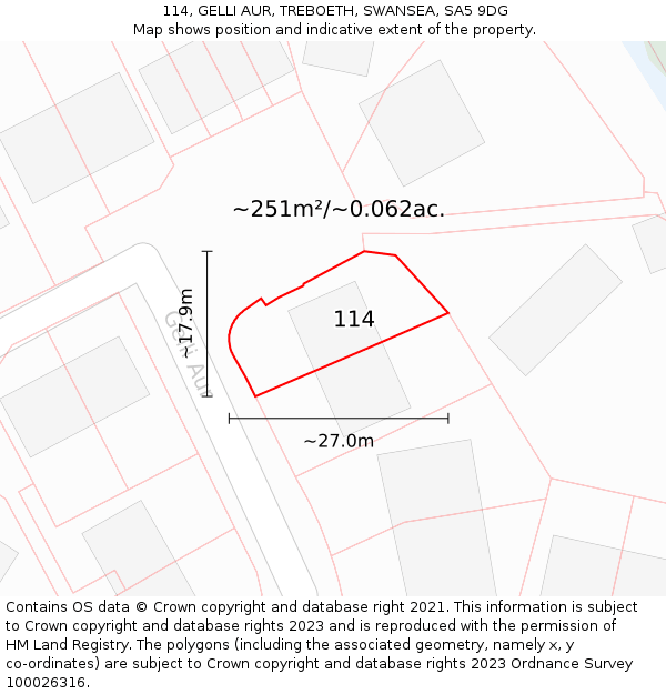 114, GELLI AUR, TREBOETH, SWANSEA, SA5 9DG: Plot and title map