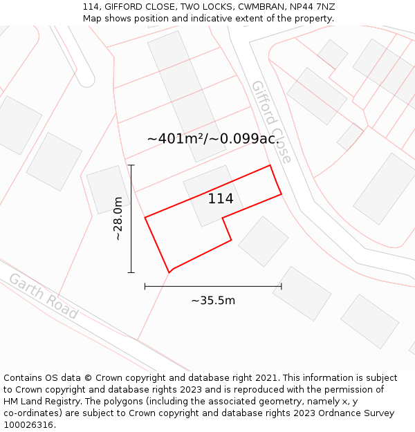 114, GIFFORD CLOSE, TWO LOCKS, CWMBRAN, NP44 7NZ: Plot and title map