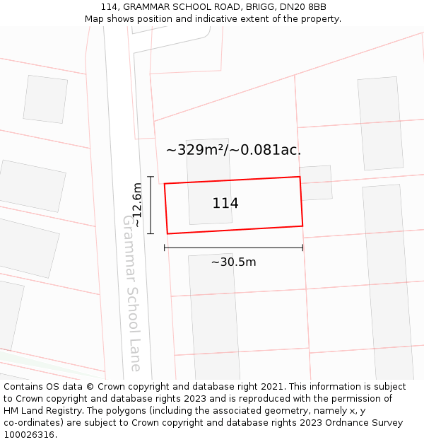114, GRAMMAR SCHOOL ROAD, BRIGG, DN20 8BB: Plot and title map