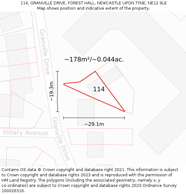 114, GRANVILLE DRIVE, FOREST HALL, NEWCASTLE UPON TYNE, NE12 9LE: Plot and title map