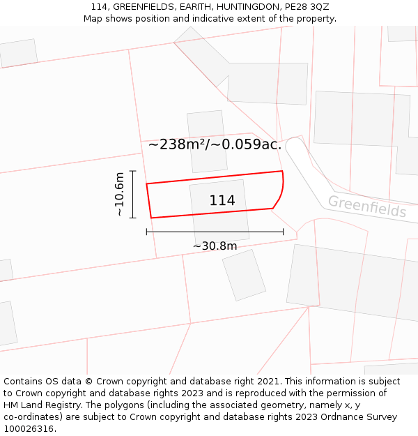 114, GREENFIELDS, EARITH, HUNTINGDON, PE28 3QZ: Plot and title map