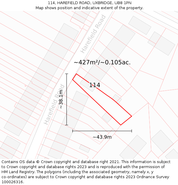 114, HAREFIELD ROAD, UXBRIDGE, UB8 1PN: Plot and title map
