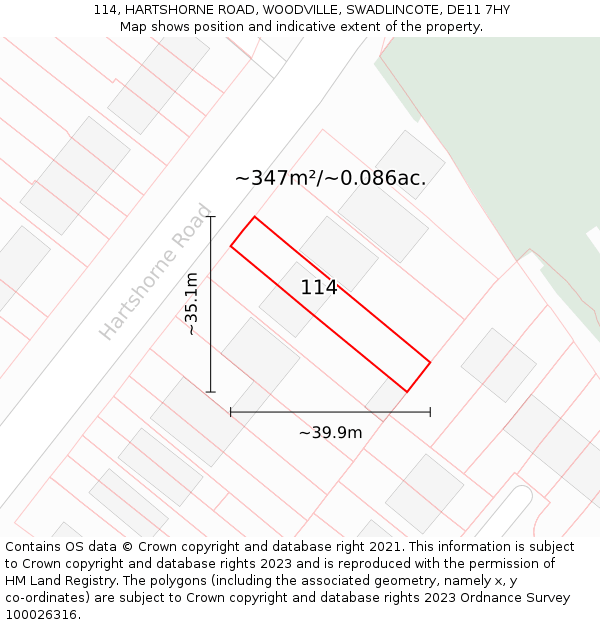 114, HARTSHORNE ROAD, WOODVILLE, SWADLINCOTE, DE11 7HY: Plot and title map
