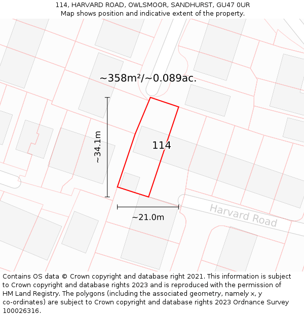 114, HARVARD ROAD, OWLSMOOR, SANDHURST, GU47 0UR: Plot and title map