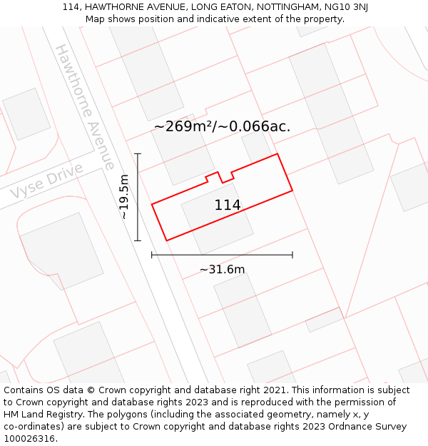 114, HAWTHORNE AVENUE, LONG EATON, NOTTINGHAM, NG10 3NJ: Plot and title map