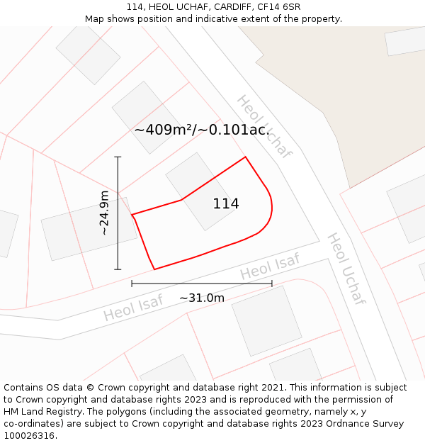 114, HEOL UCHAF, CARDIFF, CF14 6SR: Plot and title map