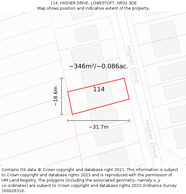114, HIGHER DRIVE, LOWESTOFT, NR32 3DE: Plot and title map