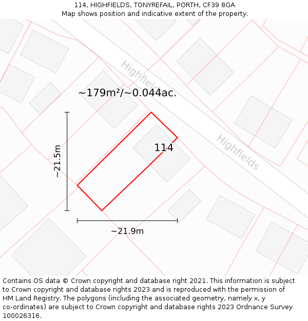 114, HIGHFIELDS, TONYREFAIL, PORTH, CF39 8GA: Plot and title map