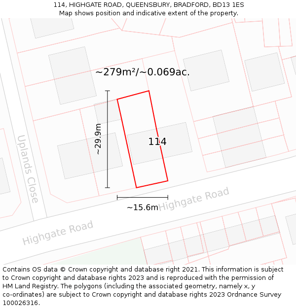 114, HIGHGATE ROAD, QUEENSBURY, BRADFORD, BD13 1ES: Plot and title map