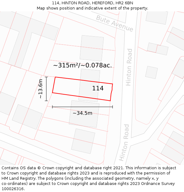 114, HINTON ROAD, HEREFORD, HR2 6BN: Plot and title map