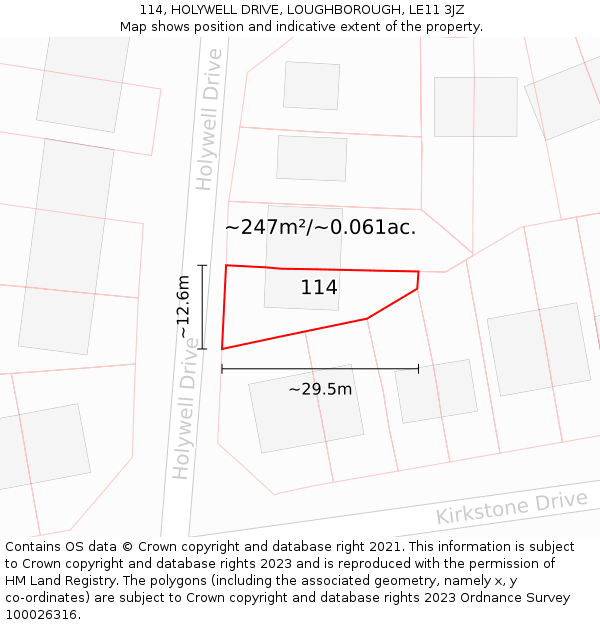 114, HOLYWELL DRIVE, LOUGHBOROUGH, LE11 3JZ: Plot and title map