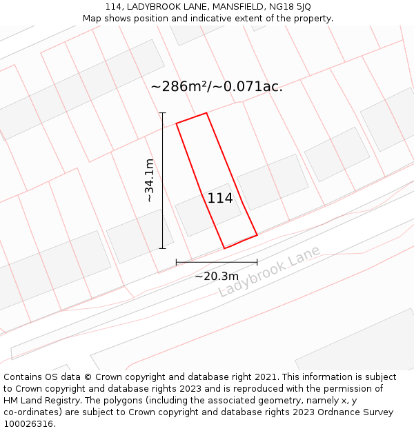 114, LADYBROOK LANE, MANSFIELD, NG18 5JQ: Plot and title map