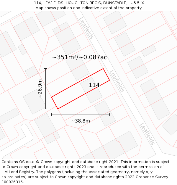 114, LEAFIELDS, HOUGHTON REGIS, DUNSTABLE, LU5 5LX: Plot and title map