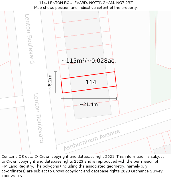 114, LENTON BOULEVARD, NOTTINGHAM, NG7 2BZ: Plot and title map