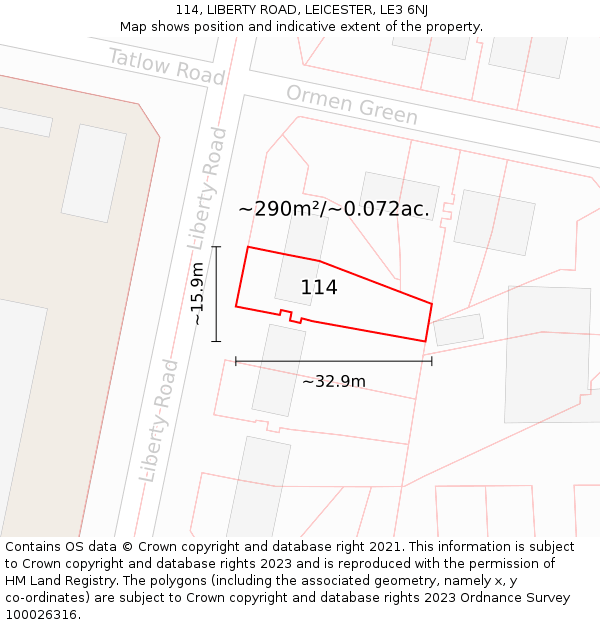 114, LIBERTY ROAD, LEICESTER, LE3 6NJ: Plot and title map
