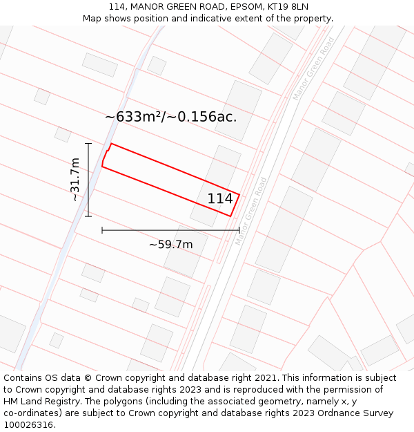 114, MANOR GREEN ROAD, EPSOM, KT19 8LN: Plot and title map