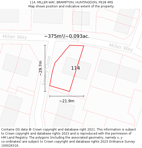 114, MILLER WAY, BRAMPTON, HUNTINGDON, PE28 4RS: Plot and title map