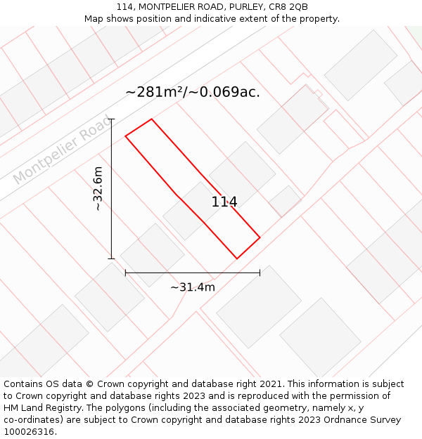 114, MONTPELIER ROAD, PURLEY, CR8 2QB: Plot and title map