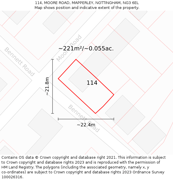 114, MOORE ROAD, MAPPERLEY, NOTTINGHAM, NG3 6EL: Plot and title map