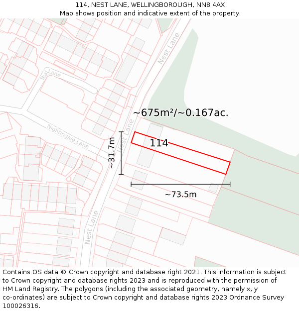 114, NEST LANE, WELLINGBOROUGH, NN8 4AX: Plot and title map