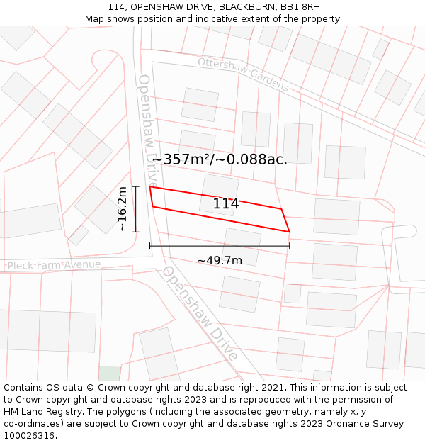114, OPENSHAW DRIVE, BLACKBURN, BB1 8RH: Plot and title map