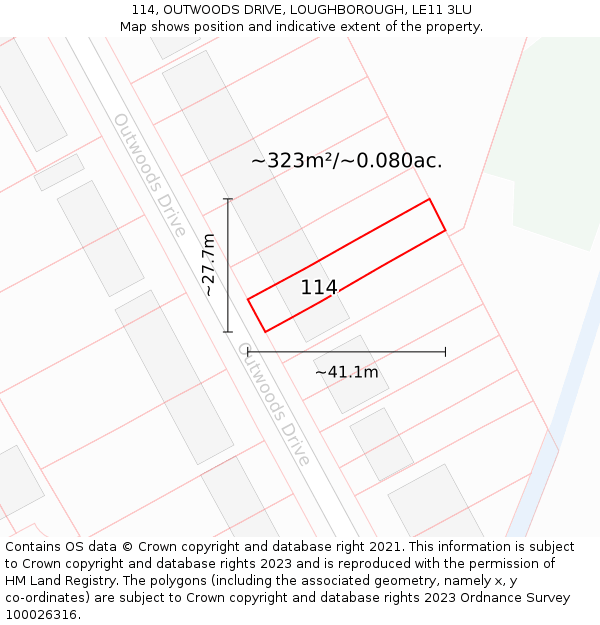 114, OUTWOODS DRIVE, LOUGHBOROUGH, LE11 3LU: Plot and title map