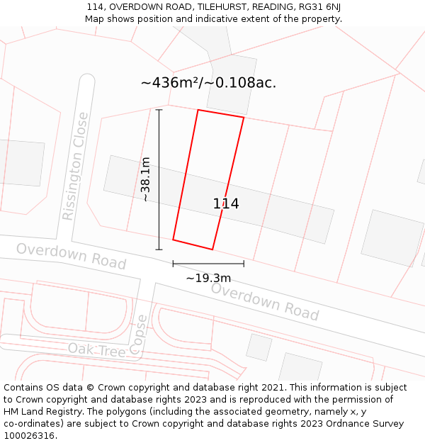 114, OVERDOWN ROAD, TILEHURST, READING, RG31 6NJ: Plot and title map