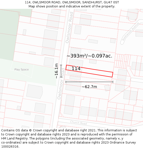 114, OWLSMOOR ROAD, OWLSMOOR, SANDHURST, GU47 0ST: Plot and title map