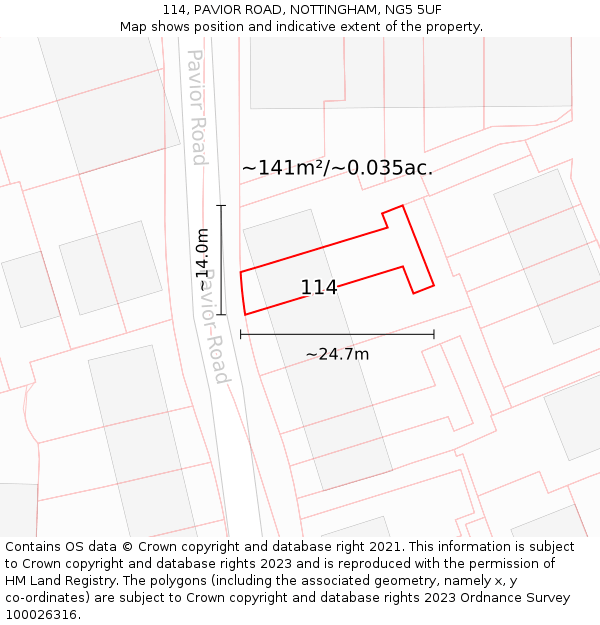 114, PAVIOR ROAD, NOTTINGHAM, NG5 5UF: Plot and title map