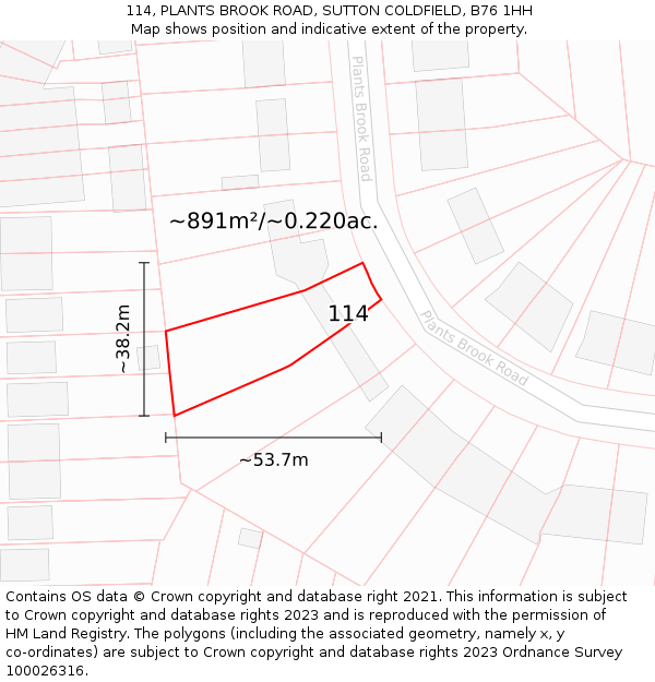 114, PLANTS BROOK ROAD, SUTTON COLDFIELD, B76 1HH: Plot and title map