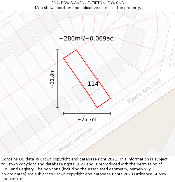 114, POWIS AVENUE, TIPTON, DY4 0ND: Plot and title map