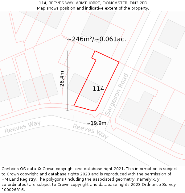 114, REEVES WAY, ARMTHORPE, DONCASTER, DN3 2FD: Plot and title map
