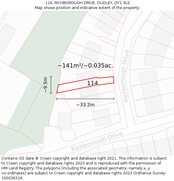 114, RICHBOROUGH DRIVE, DUDLEY, DY1 3LS: Plot and title map