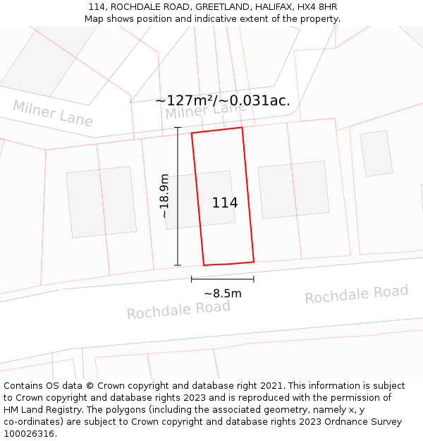114, ROCHDALE ROAD, GREETLAND, HALIFAX, HX4 8HR: Plot and title map