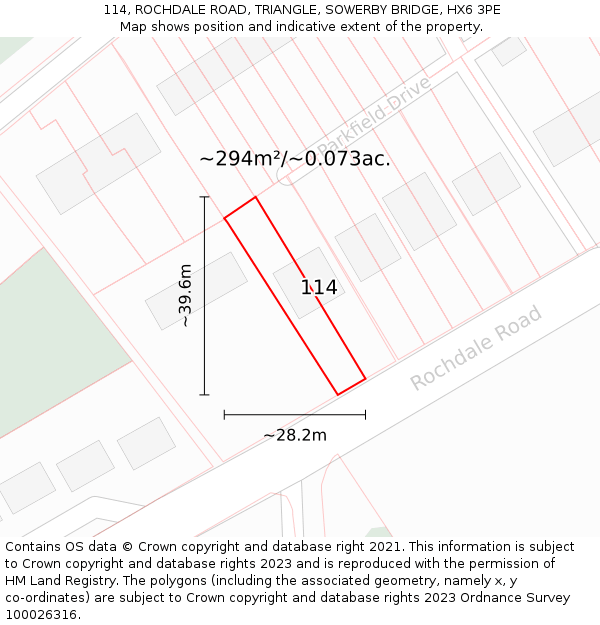 114, ROCHDALE ROAD, TRIANGLE, SOWERBY BRIDGE, HX6 3PE: Plot and title map