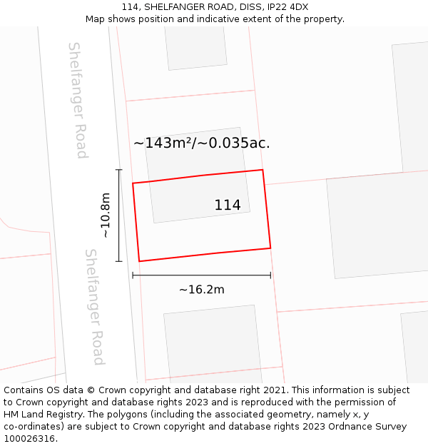 114, SHELFANGER ROAD, DISS, IP22 4DX: Plot and title map