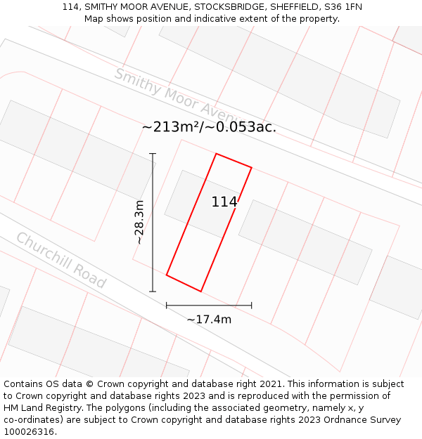 114, SMITHY MOOR AVENUE, STOCKSBRIDGE, SHEFFIELD, S36 1FN: Plot and title map