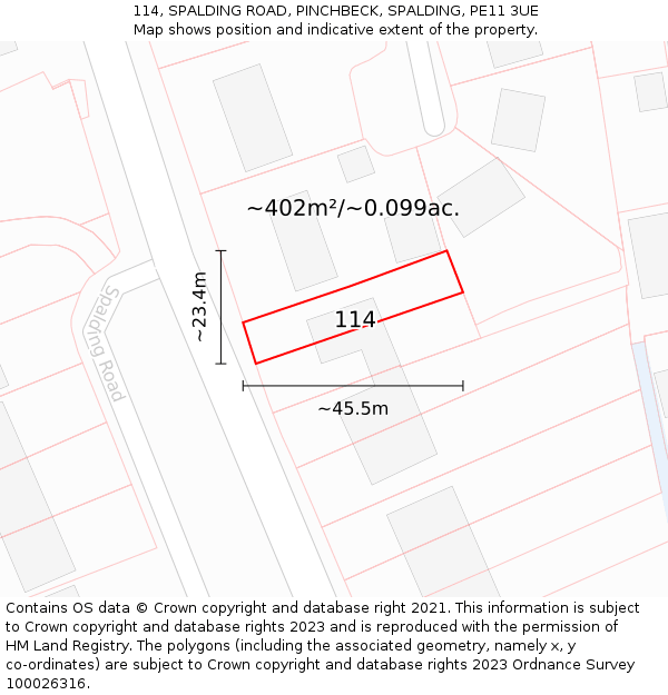 114, SPALDING ROAD, PINCHBECK, SPALDING, PE11 3UE: Plot and title map