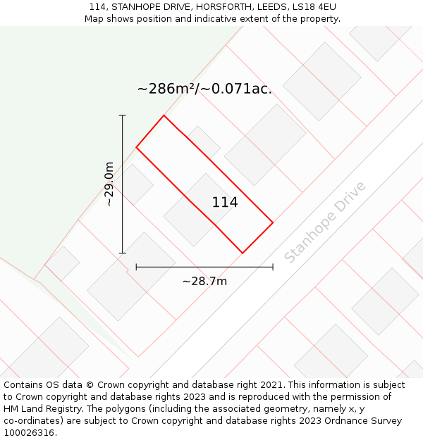114, STANHOPE DRIVE, HORSFORTH, LEEDS, LS18 4EU: Plot and title map