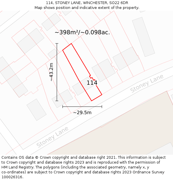 114, STONEY LANE, WINCHESTER, SO22 6DR: Plot and title map