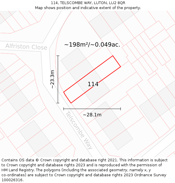 114, TELSCOMBE WAY, LUTON, LU2 8QR: Plot and title map