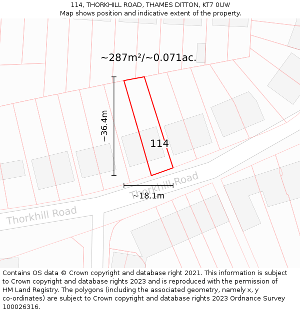 114, THORKHILL ROAD, THAMES DITTON, KT7 0UW: Plot and title map