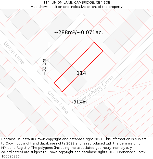 114, UNION LANE, CAMBRIDGE, CB4 1QB: Plot and title map