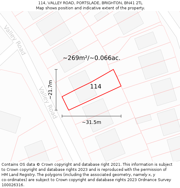 114, VALLEY ROAD, PORTSLADE, BRIGHTON, BN41 2TL: Plot and title map