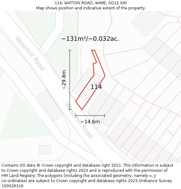 114, WATTON ROAD, WARE, SG12 0AY: Plot and title map