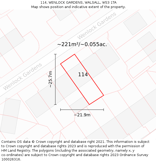 114, WENLOCK GARDENS, WALSALL, WS3 1TA: Plot and title map