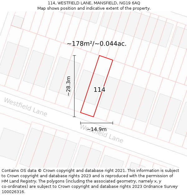 114, WESTFIELD LANE, MANSFIELD, NG19 6AQ: Plot and title map