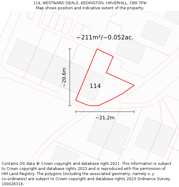 114, WESTWARD DEALS, KEDINGTON, HAVERHILL, CB9 7PW: Plot and title map