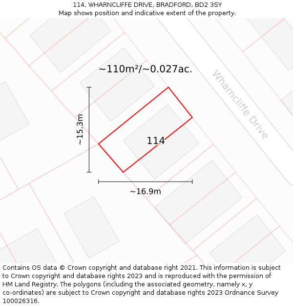 114, WHARNCLIFFE DRIVE, BRADFORD, BD2 3SY: Plot and title map